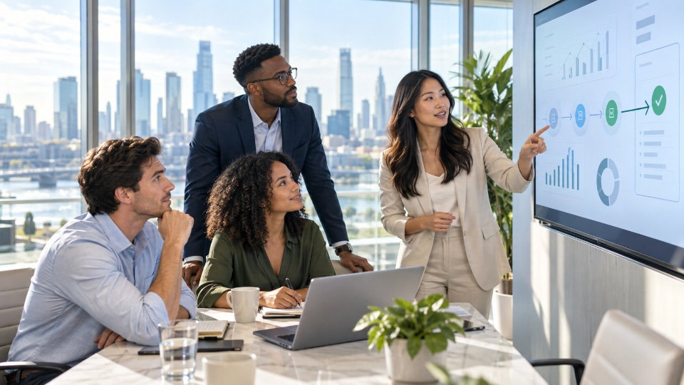 Diverse revenue leaders review an AI-enabled sales workflow in a bright modern office